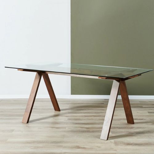 Mesa base de madera clara u oscura y tapa de vidrio.